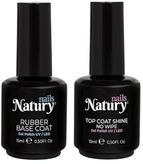 Natury Nails Set de Top Coat super brillo NO WIPE (sin capa dispersión) y Rubber Base Coat Constructor alargador de uñas. Fuerza, volumen y nivelación. 12 FREE Gel Polish UV/LED. Cruelty Free y Vegan