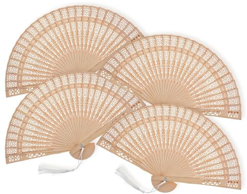 Grevosea Bamboo Folding Fan Set, 4 Pcs Handheld Fans with Sandalwood and Silk, Vintage Wooden Fan for Weddings Parties and DIY Decorations, Chinese and Japanese Style Fans for Cooling and Decor