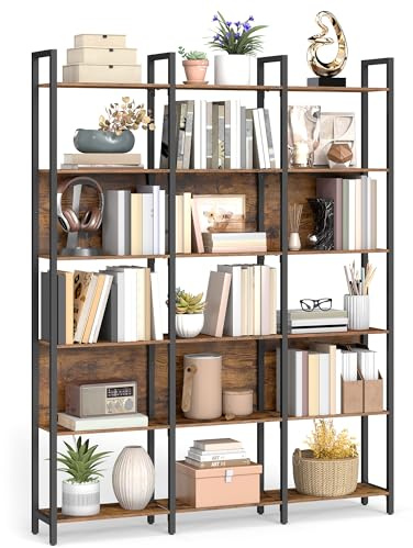 VASAGLE Bücherregal, Küchenregal, Standregal mit 6 offenen Regalebenen, Flur, Küche, Büro, stabiles Stahlgestell, Industrie-Design, 24 x 128 x 187,1 cm, vintagebraun-tintenschwarz LLS151K01