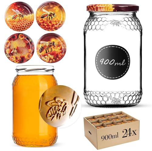KADAX Lot de 24 grands bocaux en verre 900ml Ø82 Orange Abeille – couvercle à vis hermétique, pour conserves, cornichons, légumes lacto-fermentés et confitures maison