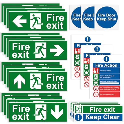 Samamoca 25 Pcs Premium Fire Exit Sign Kit (Right, Left, Up, Down Arrow),Fire Safety Sticker,Fire Signage,Fire Action Notice Sign, Keep Clear, Door Keep Shut