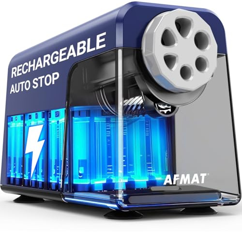 AFMAT Electric Pencil Sharpener Heavy Duty, 6 Holes, Rechargeable Pencil Sharpener with Container for Colored Pencils 6-11mm, Auto Stop,for School, Home, Classroom,Battery Operated,Blue PSD1