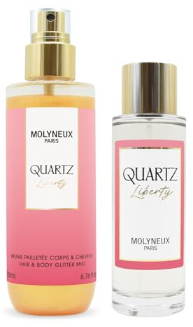 MOLYNEUX - Cofre Quartz Liberty - Eau de parfum 100ml y bruma perfumada con brillo 200ml, perfume floral afrutado y bruma corporal iluminadora para mujer