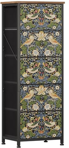 Welfuturer Bedroom Chest of Drawers with 5 Fabric Drawers Strawberry Thief Drawer Dresser Vintage Nightstand Small Chests Drawer for Halfway Entryway Living Room Sturdy Steel Frame Wood Top, Brown