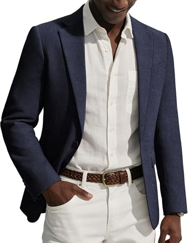 PJ PAUL JONES Blazers para Hombre Casuales de Negocios Chaquetas de Traje de Lino Abrigo Deportivo Elegante, azul marino, L