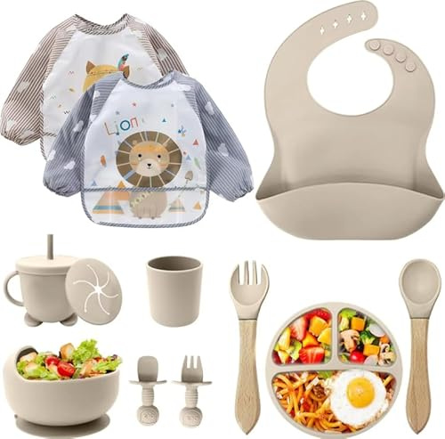 Set di stoviglie per bambini, in silicone, 12 pezzi, senza BPA, con ventosa, tazza per imparare a bere con cannuccia, bavaglino in silicone, ciotola, cucchiaio in legno, posate per bambini, lavabile
