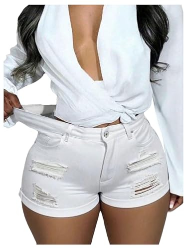 OYOANGLE Women's Ripped Skinny Mini Shorts Y2K Denim Shorts Rave Party Hot Pants with Pockets White Large