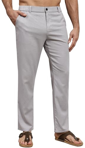 Suwangi Pantaloni Lino Uomo Pantaloni Casual Lunghi Lino Pantalone da Spiaggia Estivi Vacanza Calzoni Yoga Elastica con Tasche