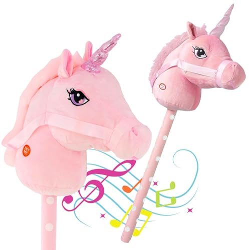 The Magic Toy Shop Pink Unicorn Hobby Horse on a Stick with Galloping and Neighing Sounds for Kids - Soft Handle, Holding Strap, Ride on Unicorn Plush Soft Toy for Girls and Boys