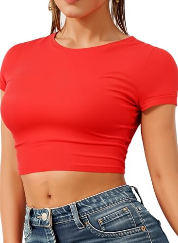 Re Tech UK - Women's Basic Ladies Short Sleeve Stretchy Crop Tops for Women, Slim Fit Crew Neck, Cropped T Shirt, Summer, Cute, Tshirt, Sizes 8-14 (M/L 12-14, Red)