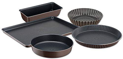 Tefal Perfectbake Marron Set 5 Moules Tarte 30 cm Manqué 24 cm Cake 28 cm Quatre Quarts 26 cm Plaque Pâtisserie 38 x 28 cm Moule à Gâteau Antiadhésif Aluminium 100% Recyclé Démoulage Facile YY4220FA