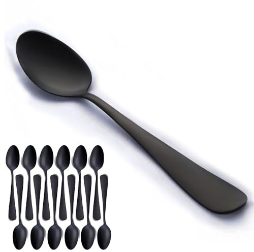 Matte Black Dessert Spoon, Seeshine 6.8-inch Stainless Steel Black Teaspoon, Suitable for Family, Kitchen, Restaurant, Set of 12, Dishwasher Safe