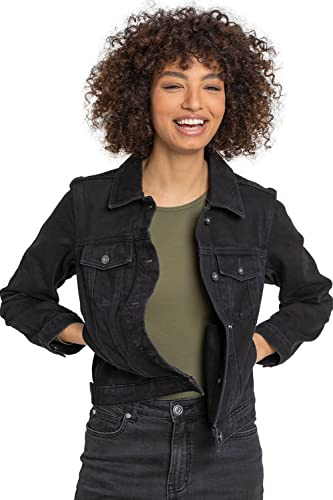 Roman Originals Jean Denim Jacket for Women UK Ladies 100% Cotton Summer Casual Stretch Crop Smart Utility Trucker Biker Fitted Vintage Wash Faded Classic Work Twill - Black - Size 14