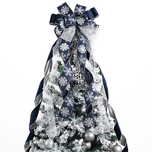 MEEDEE Navy Blue Tree Topper Navy Blue Christmas Tree Topper Bow 12 inch Wide Navy Blue Silver Glitter Yule Tree Wreath Bow Christmas Decorations Silver Snowflake Garland Bow Holiday Lantern (1 Pack)