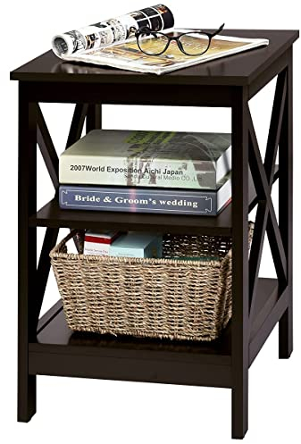 COSTWAY Nachttisch 3 Ebenen, Beistelltisch Nachtschrank, Sofatisch Couchtisch für Schlafzimmer, Wohnzimmer 40x40x61cm (X-förmig, Braun)