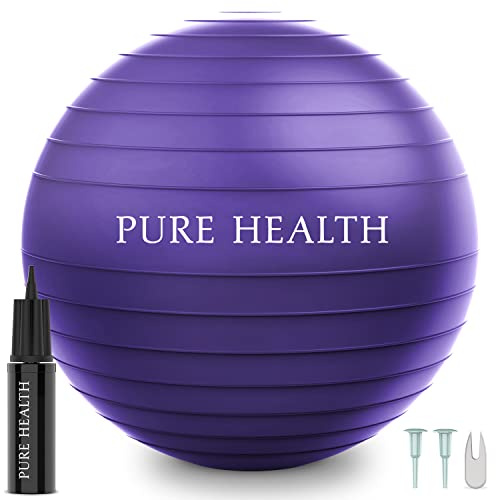 Pure Health Exercise Fitness Swiss Yoga Ball - Anti Burst Extra thick with Hand Pump for Home Gym -Birthing Ball for Yoga, Pilates, Fitness, Pregnancy & Labour (M (58-65 cm), Purple)