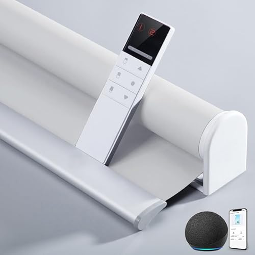 Smarta hårdtrådbundna motoriserade persienner fungerar med Alexa Google Home full mörkläggning tjocka vattentäta tygnyanser för hemmakontor (vit B 120 x H 160 cm)