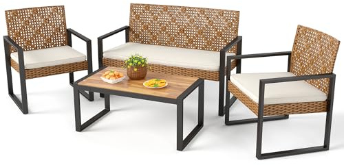 PHI VILLA Wicker Patio Furniture Set for 4, Rattan Loveseat & Chairs with Beige Cushions & Acacia Wood Coffee Table, Outdoor Modern Sectional Conversation Sofa Set for Deck, Yard, Porch