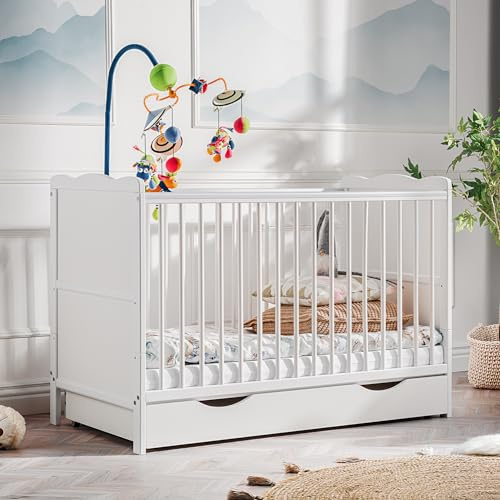 Komodee, lit Bebe avec tiroir Aurora, Blanc Mat, Matelas en Mousse Aloe Vera hypoallergénique, Hauteur réglable, Convertible en lit Junior, Longueur 124 cm x Hauteur 85 cm x Largeur 67 cm
