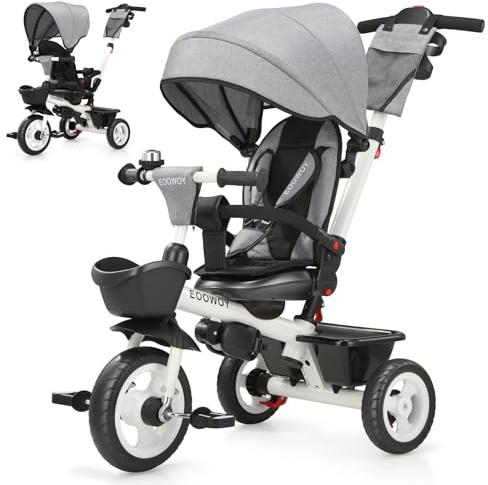 EOOWOY Toddler Tricycle with Push Handle, 7 in 1 Stroller Trike with 360° Swivel Seat, Reclining Backrest, All-Terrain Wheels, Dual Brakes, Canopy & Storage, Gift for Kids 18 Months to 5 Years, Gray