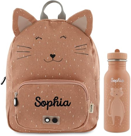 Trixie Rucksack und Trinkflasche Kinderrucksack Kindergartenrucksack Kitarucksack und Trinkflasche Kinder personalisiert mit Namen einzeln oder als Set (Katze, Set: Rucksack BIG + Flasche 500ml)