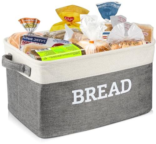 Lukeline Bread Storage Basket for Kitchen, Foldable Fabric Bread Keeper Bread Storage Container Bin with Handles, Bread Baskets for Kitchen Counter and Pantry (White & Grey)