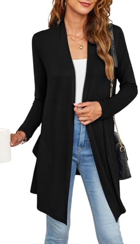 Wiwclo Veryoung Women's 2026 Draped Front Open Cardigan Casual Long Sleeve Lightweight Cardigans Duster with Pockets UK, Black, Large
