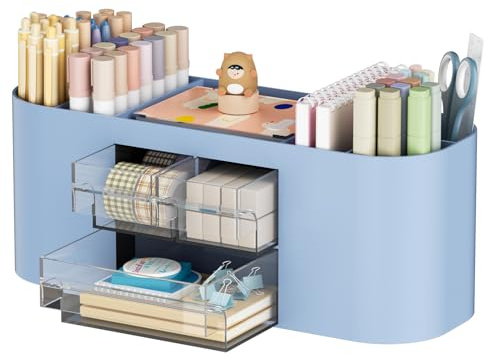 Marbrasse Organizador Escritorio con 3 Cajones,Portalapices Escritorio Multifuncional,Organizador Oficina y Accesorios con 7 Compartimentos para Casa,Escuela,Aula(Azul)