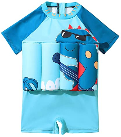 EFOGEP Kinder schwimmende Badeanzüge: Baby Jungen Mädchen EIN Stück Schwimmen Anzug Kurze Ärmel Auftrieb Badebekleidung Hawaiian Badeanzug Strand Sport Schwimmen Kostüm Blau & Dinosaurier 2-3 Jahre