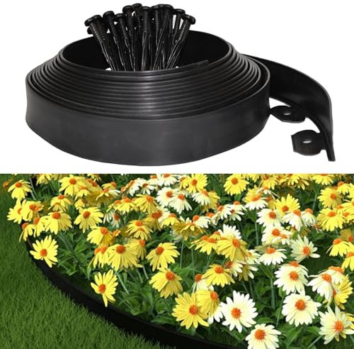 Bordure Jardin Exterieur, Bordure de Jardin Flexible Plastique 5cmx10m, Comprend 30 Pointes d'ancrage et 1 connecteurs Inclus, avec Une Paire de Gants, Bordures Jardin Décorative (Noir, 5cmx10m)