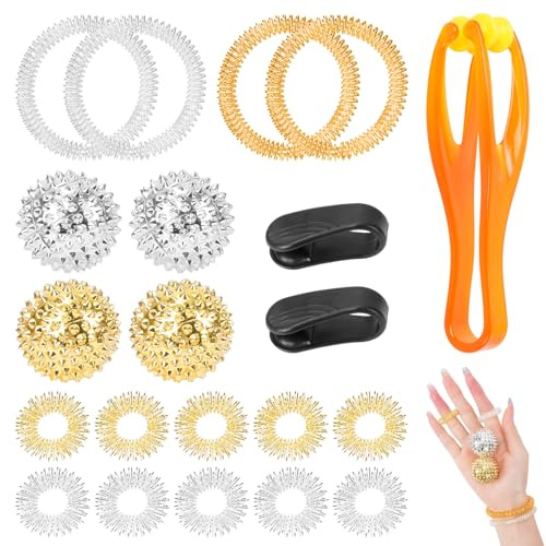 4 Stück Magnetic Acupressure Balls & 10 Akupressur Ring & 4 Akupressur Armband & 2 Acupressure Clips & 1 Finger Massage Roller, 32mm Igelball Metall, Massageringe für Finger für Stress Relief