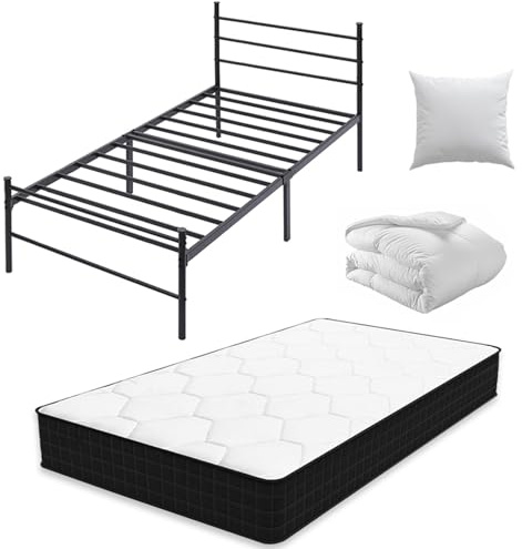 CEYIRO Ensemble Matelas 90x190 et Lit et Couette et Oreiller(Pack Matelas 90x190+Lit Métal avec Tête)