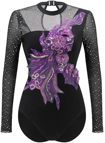 ODASDO Ice Figure Skating Leotard Women Sparkly Rehinstone Sheer Mesh Long Sleeve Tops Flower Applique One-piece Unitard Gymnastics Competition Ballet Dancewear Stage Performance Costume Purple L