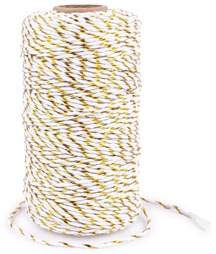 G2PLUS White Gold String - 2MM 328ft Bakers Twine for Gift Wrapping, White Cotton and Gold String DIY Crafts, Wedding, Christmas Party Decor
