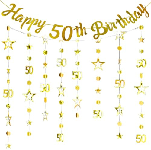 DEFGNOP 50 Anni Decorazioni Festa Oro, Striscione di Compleanno, Buon Compleanno Decorazione per Uomo Donna, Set di Decorazioni per il 50 Compleanno, Striscioni, Stelle Filanti