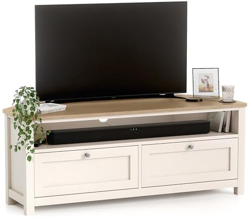 CHRISTOW Corner TV Unit with Storage & Oak-Effect Top, Modern Television Stand with 2 Drawers & Open Shelf, Space-Saving MDF Media Cabinet for Living Room, Matte Painted – Cream, H45 x W115 x D45cm