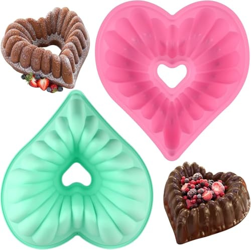 GREATRICH 2 Pezzi Stampo per Torta a Forma di Cuore, 23.5 cm Stampo Ciambella in Silicone, Stampo Ciambellone Antiaderente per San Valentino, Matrimonio, Compleanno, per Dessert (Rosa e Verde)