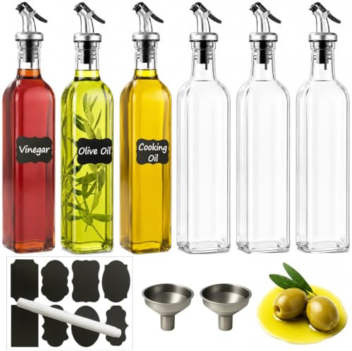 WERTIOO Glass Olive Oil Dispenser Bottles, 500 ml, 6 Pack with 2 Funnels | 6 Pack 500ml Oil Dispenser Bottles, Non-Drip Spouts, Caps, Funnels, Pen & Tags for Oil, Vinegar, Reusable Kitchen Storage