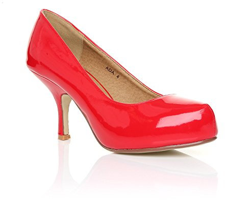 New Womens Ladies MID Heel Casual Smart Work Office Pump Court Shoes Size 3-8 Red Patent