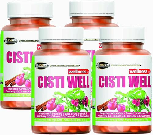 Hyper Integratore Cistite Cisti Well | Contrasta Infiammazioni e Infezioni delle Vie Urinarie | con Mirtillo Rosso, Cranberry, Uva Ursina e Fillanto. 4x60 Compresse Made in Italy