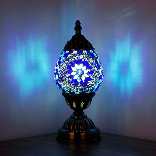 Anton Turkish Table Lamp Handmade Mosaic Glass Egg Shaped Moroccan Lantern Decorative Desk Night Light for Bedroom Living Room with E12 LED Bulb (Blue)