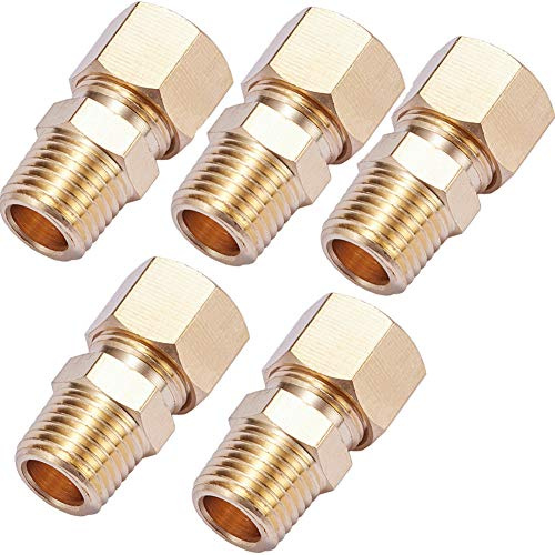 Brass Compression Tube Pipe Fitting Connector, Straight Coupling Adapter, 3/8 Tube OD x 1/4 NPT Male Connector 5pcs (3/8 OD Compression x 1/4 NPT Male)