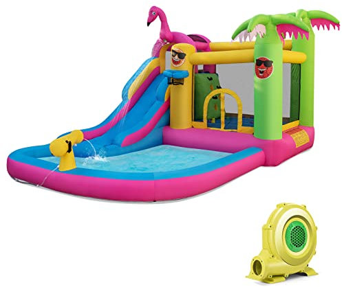 DREAMADE Château Gonflable pour 3+ Ans avec Toboggan Aquatique, 300 x 450 x 260 CM avec Zone de Saut & Piscine & 50 balles(avec Gonfleur 680W)