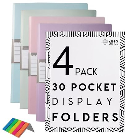 Ziffs Office® 4 x 30 Pocket A4 Display Folders - Pastel Coloured A4 Display Folders with Plastic Pockets - Display Book - Presentation Folders - 250 Sticky Labels Included - British Brand