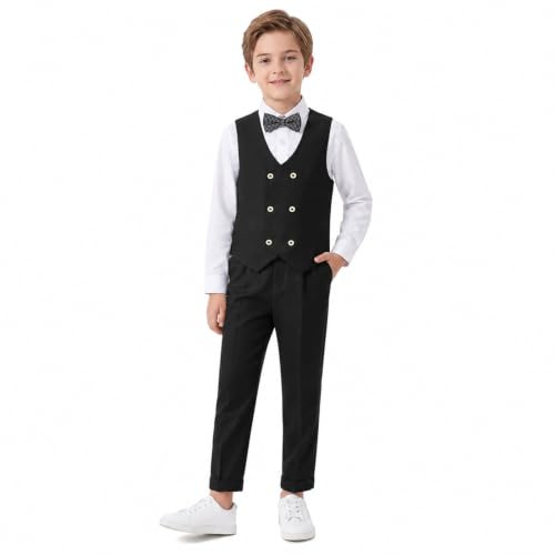 LOLANTA 4-Piece Formal Suit for Boy, Double-Breasted Waistcoat Set, Kids Birthday Wedding Party Occasionwear, Black, 11-12 Years, 160