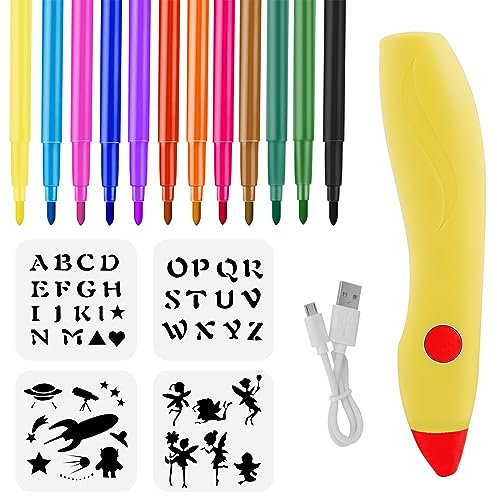 MeYuxg Elektrischer Farbsprühstift, Airbrush-Set für Kinder mit 12 Filzstiften & 12 Schablonen, DIY Malerei Airbrush Farben sprühen für Kinder, Wiederaufladbar丨Spülbar丨Ungiftig, Gelb