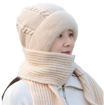 Hat and Scarf Set for Women UK Multifunction Integrated Ear Windproof Caps Scarfs Knitting Thick Warm Ear Guard Hat Hooded Scarf Solid Winter Knitted Hat Christmas Gifts Cooling Daily Essentials Sales