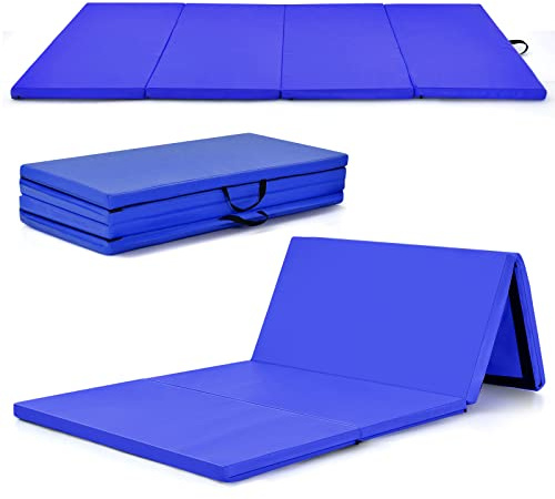 COSTWAY Gymnastics Exercise Mat, 8FT x 4FT Tumbling Mats with High Density 5cm Thick Foam, Carry Handles, Folding Fitness Floor Mat for Yoga Pilates (Navy Blue)