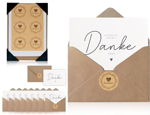 Lhbwhiz 10 Stück Dankeschön Karte,Kraftpapier-Kuvert,moderne Faltkarte,Dankeschön Aufkleber Grußkarte,10 Danke Blanko Karten + 10 Umschläge + 10 Aufkleber + 4 Schutzecken
