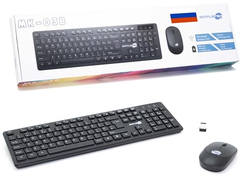 SIMPLETEK - Kit de ratón y teclado inalámbrico 2.4G con diseño RU ruso | Teclado QWERTY ruso | Negro Teclado numérico ratón ergonómico 3 teclas receptor USB